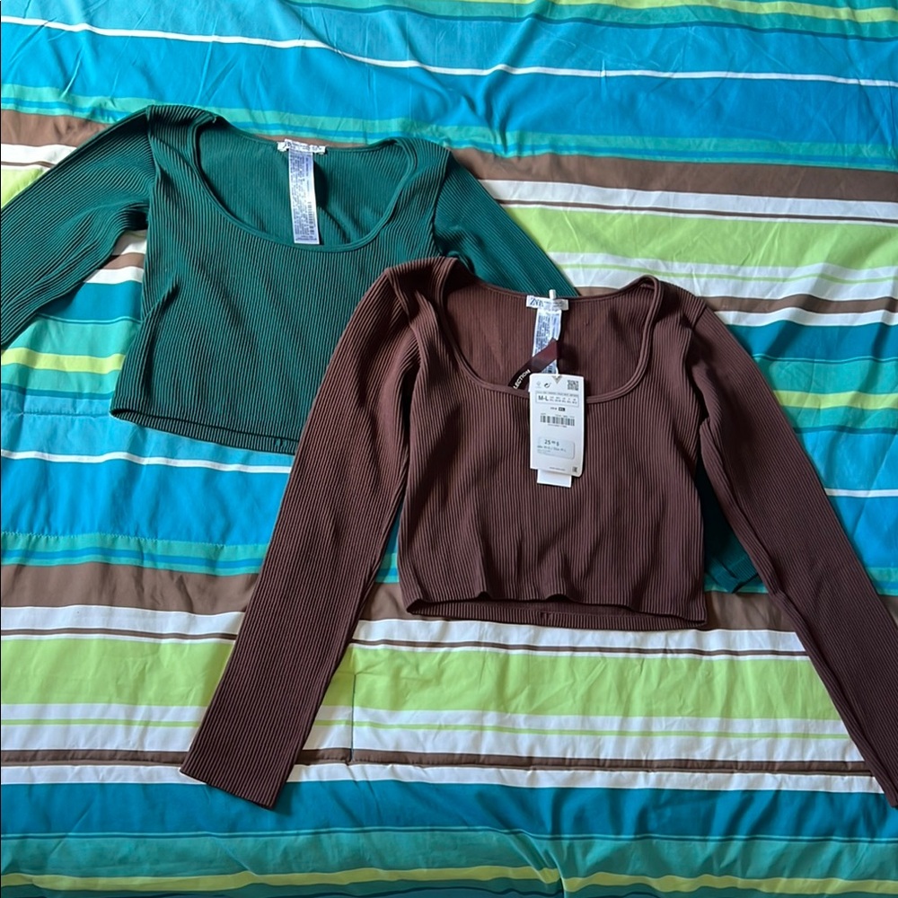2 Zara Ribbed Long Sleeve Crop Tops